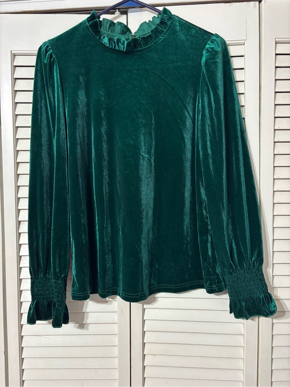SHEIN Emerald Green Velvet Ruffle-Neck Blouse